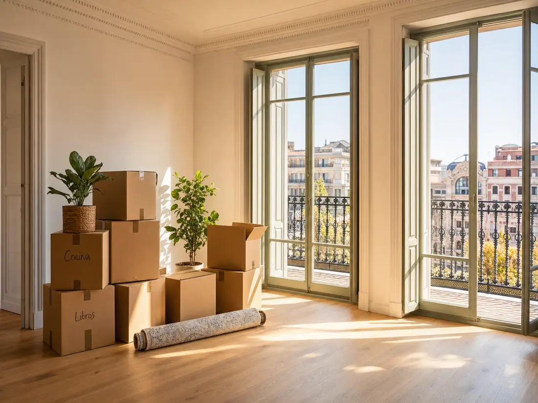 Apartamento luminoso con cajas de mudanza preparadas